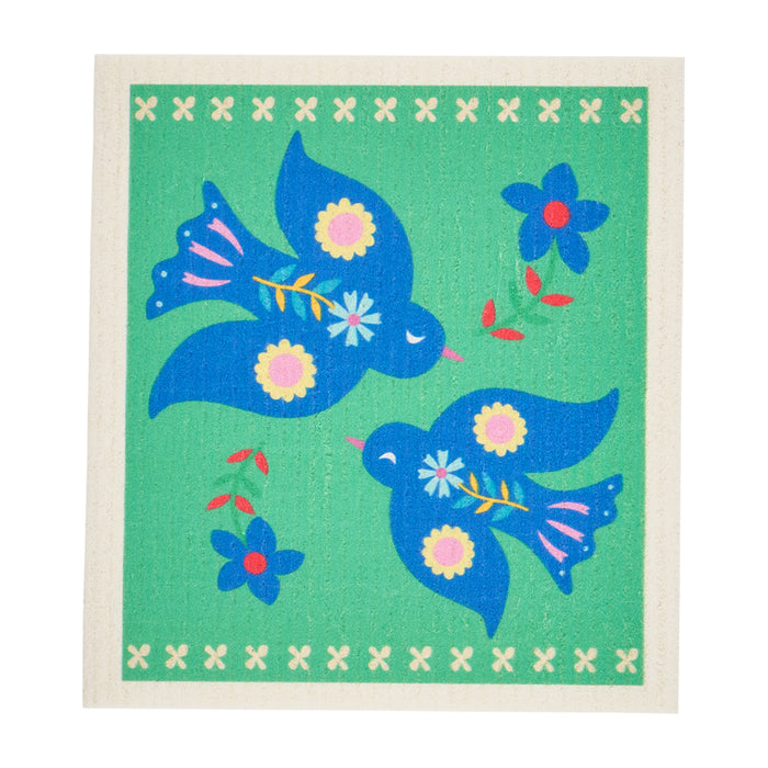 Two Swedish‑style dish cloths with printed design, made from biodegradable cellulose and cotton, ideal for sustainable cleaning.