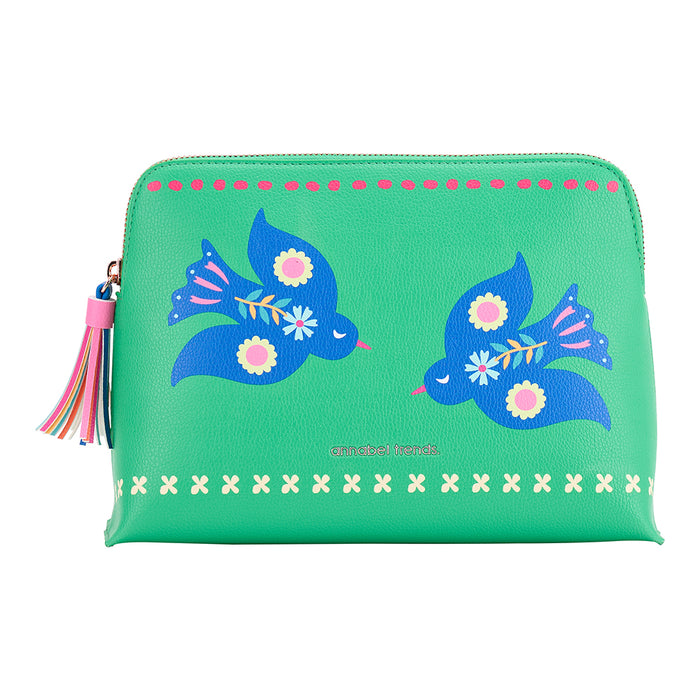 Large Fiesta Vanity Bag (25 × 18 cm) with matching interior, inner pocket, rose‑gold zipper and leather‑feel tassel pull.