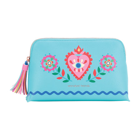 Medium Fiesta Vanity Bag (23 × 13.5 cm) with matching interior, inside pocket, rose‑gold zipper & leather‑feel tassel pull.