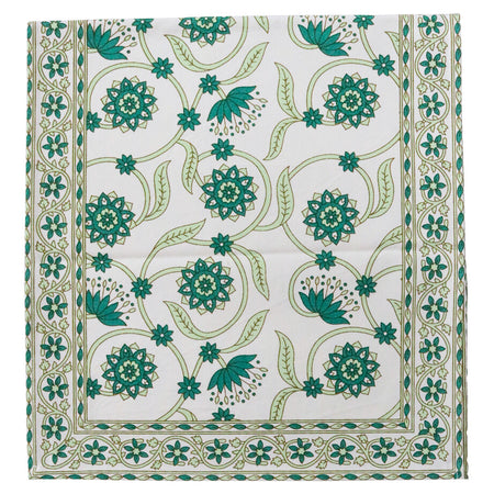 Hand screen-printed cotton table runner in green