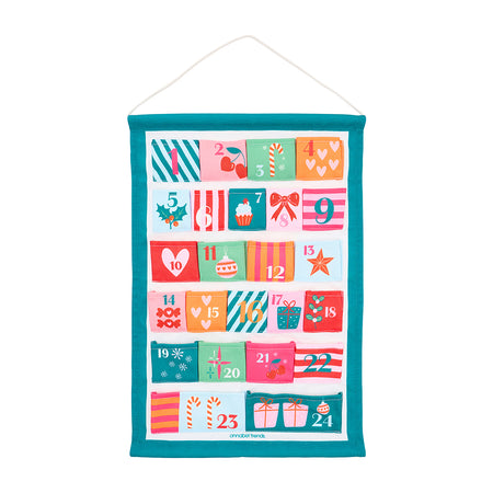 Fabric Advent Calendar with 24 numbered pockets, 39 × 58.5 cm, includes plastic tubing for easy hanging—ideal for daily Christmas treats.