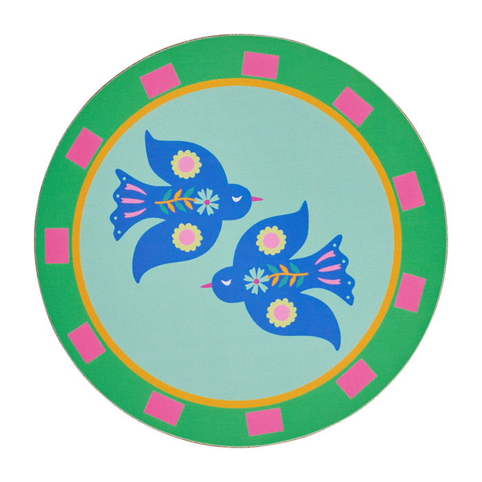 Brighten your table with this 6-piece Fiesta coaster set! Heat-resistant, cork-backed & easy to clean—perfect for coastal homes & gifting. Bird coaster.