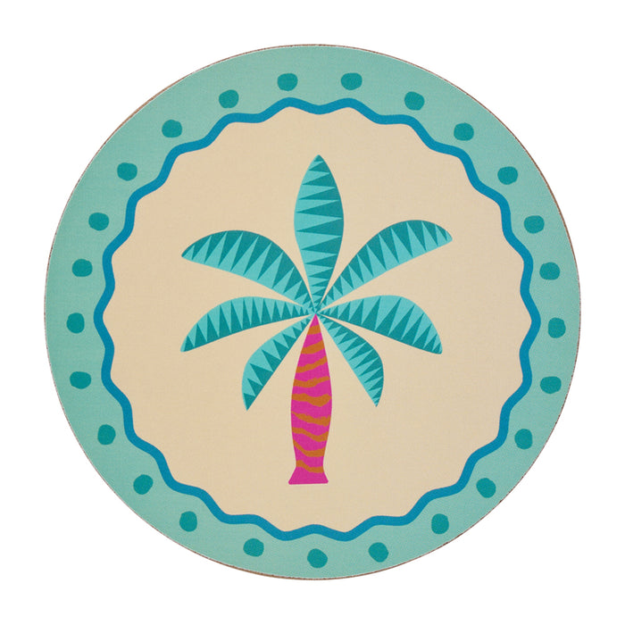 Brighten your table with this 6-piece Fiesta coaster set! Heat-resistant, cork-backed & easy to clean—perfect for coastal homes & gifting. Palm tree coaster.