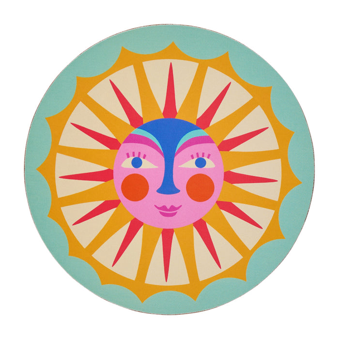 Brighten your table with this 6-piece Fiesta coaster set! Heat-resistant, cork-backed & easy to clean—perfect for coastal homes & gifting. Sun coaster.