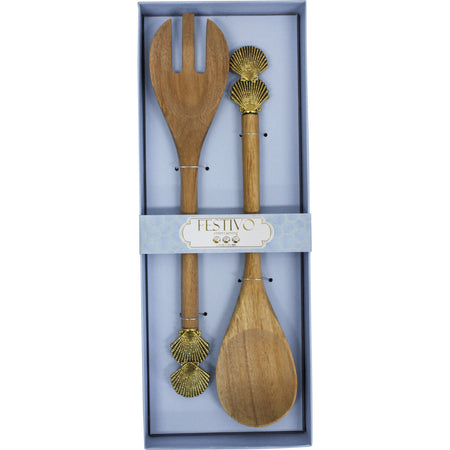 Acacia wood and metal server set of 2 with gold shell detail