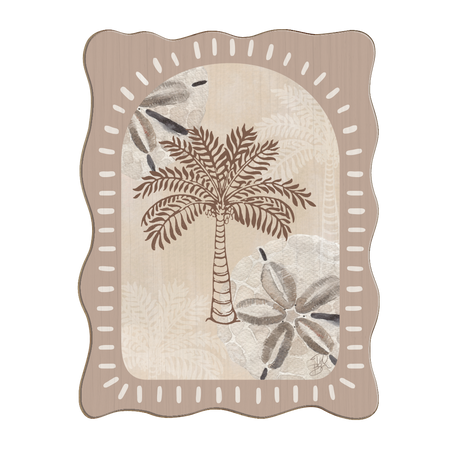 Large wooden palm wall art with tropical palm design, coastal beach-style decor on natural wood background