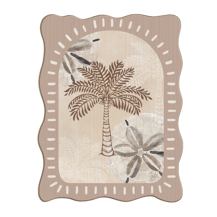 Large wooden palm wall art with tropical palm design, coastal beach-style decor on natural wood background