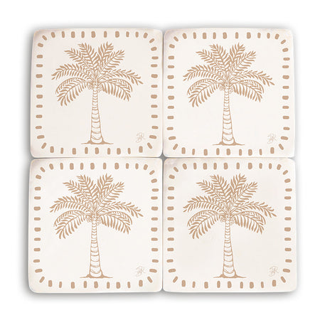 Set of four resin palm coasters with tropical palm design, coastal tableware for beach-style home decor