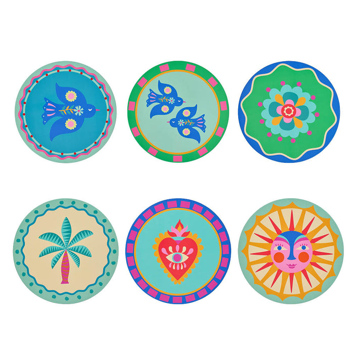 Brighten your table with this 6-piece Fiesta coaster set! Heat-resistant, cork-backed & easy to clean—perfect for coastal homes & gifting.