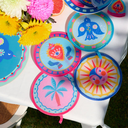 Fiesta design twist fans with matching pouches—compact, portable fans that fold to fit in your purse.