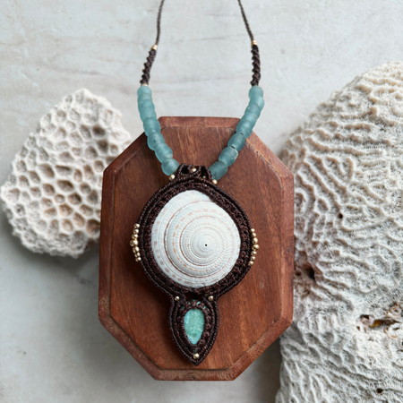 Golden Mermaid larimar and shell macrame necklace with blue gemstone, locally found WA shell and brass beads