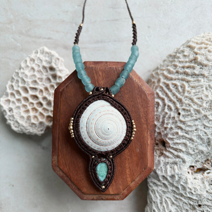 Golden Mermaid larimar and shell macrame necklace with blue gemstone, locally found WA shell and brass beads