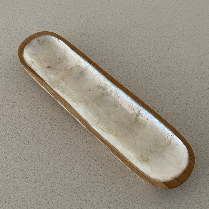 Small wooden tray with shell inlay