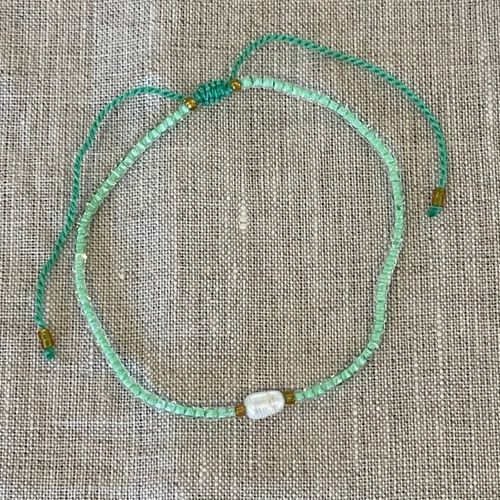 Mint pearl bead bracelet with adjustable chain, coastal jewellery perfect for layering
