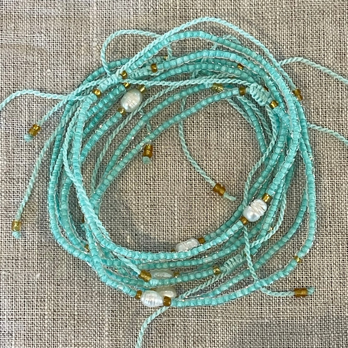 Pearl bead bracelet in sky blue with extendable chain, delicate coastal jewellery