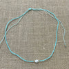 Sky blue pearl bead necklace with adjustable fit, delicate coastal jewellery