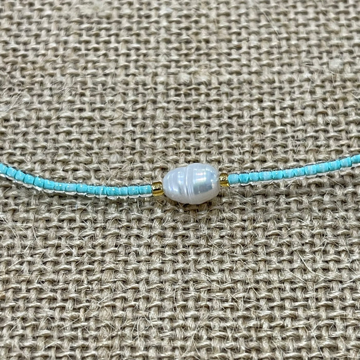 Sky blue pearl bead necklace with adjustable fit, delicate coastal jewellery