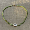 Olive cowrie shell beaded necklace 40cm, natural coastal jewellery