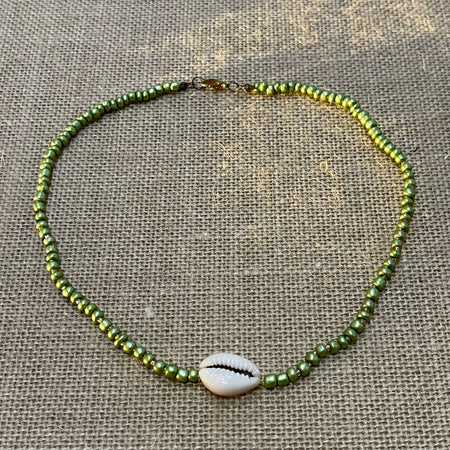 Olive cowrie shell beaded necklace 40cm, natural coastal jewellery