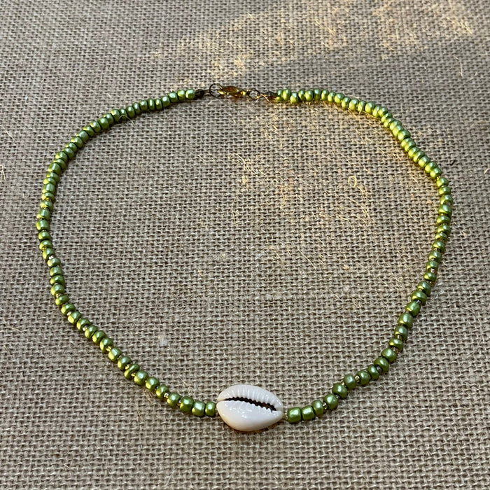 Olive cowrie shell beaded necklace 40cm, natural coastal jewellery