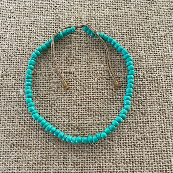 Green colour bead anklet showing extendable design, coastal summer accessory