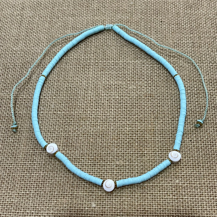 Mint shiva shell necklace with three natural shells, adjustable coastal jewellery