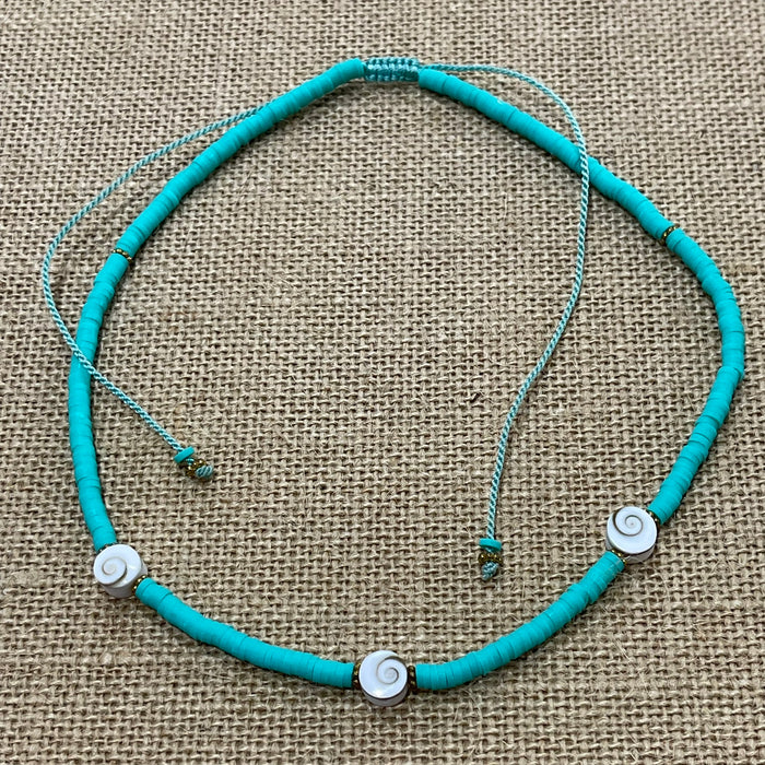 Green shiva shell necklace with adjustable fit, natural coastal jewellery
