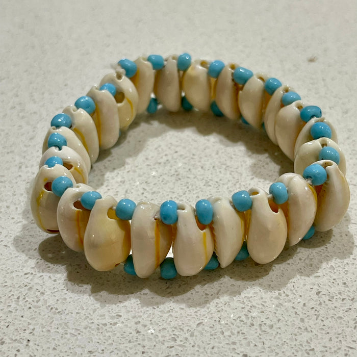 Cowrie Shell Blue Bead Stretch Bracelet