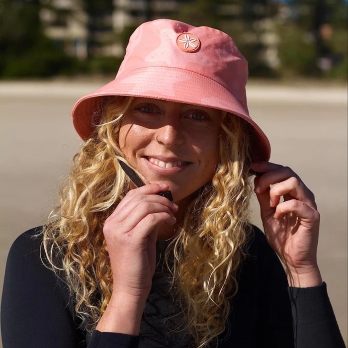 Florals + Corals Ocean Hat in bold two-toned coral color, wide brim surf hat