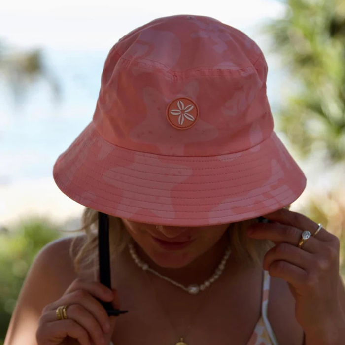 Close-up of Florals + Corals Ocean Hat showing coral reef-inspired design and neoprene chin strap