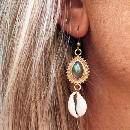 Labradorite and cowrie shell earrings with iridescent blue gemstone and natural shell, handcrafted coastal bohemian jewelry