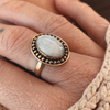 Close-up detail of Purnima moonstone ring showing natural iridescent shimmer and handcrafted silver setting