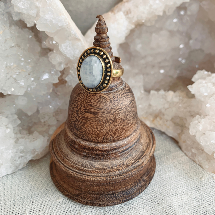 Purnima moonstone ring styled on hand, showcasing the ethereal glow and artisan craftsmanship of the coastal jewelry piece