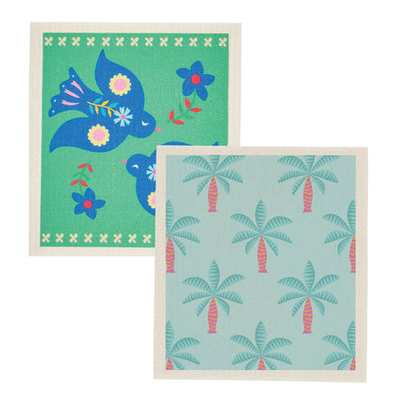 Two Swedish‑style dish cloths with printed design, made from biodegradable cellulose and cotton, ideal for sustainable cleaning.