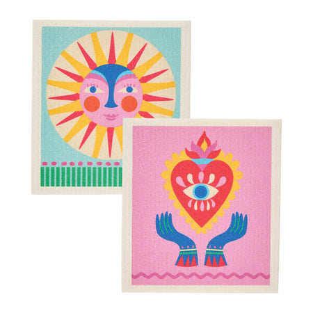Two Swedish‑style dish cloths with printed design, made from biodegradable cellulose and cotton, ideal for sustainable cleaning.