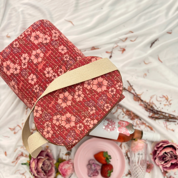 Wanderer Cooler Bag - boho quilted floral print with faux-leather trim and sturdy shoulder strap