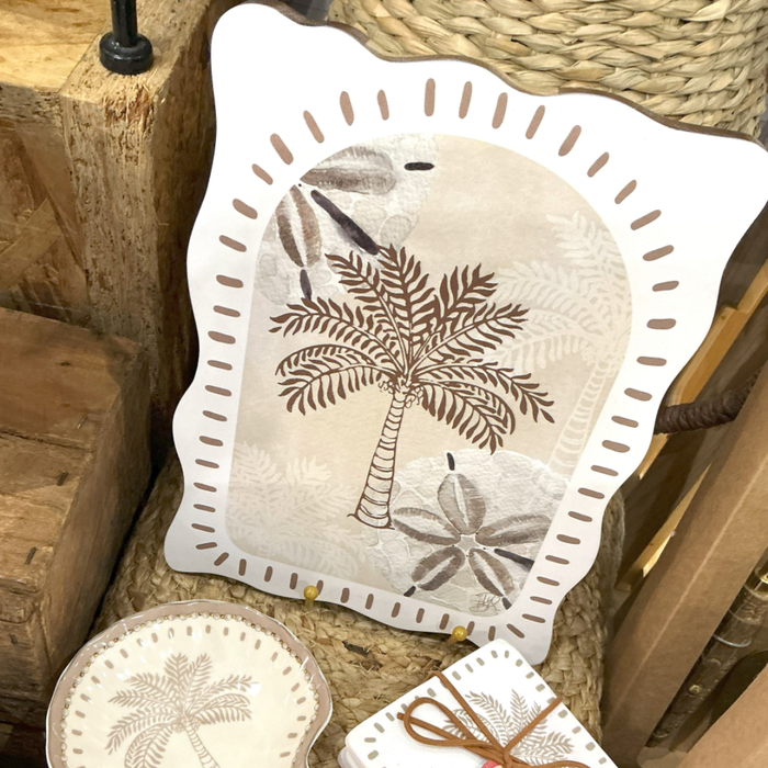 Large wooden palm wall art with tropical palm design, coastal beach-style decor on natural wood background