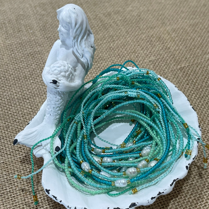 Pearl bead bracelet with extendable chain, delicate coastal jewellery in sky blue mint emerald