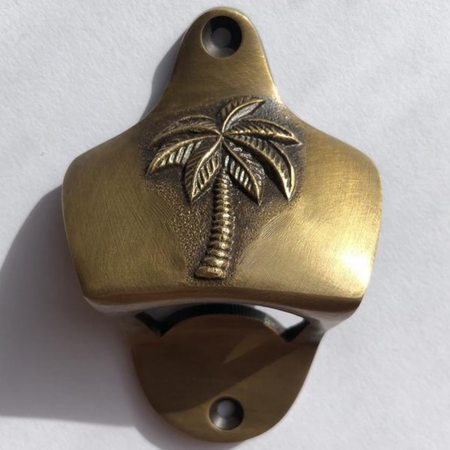 Solid brass palm tree-shaped bottle opener for wall mounting