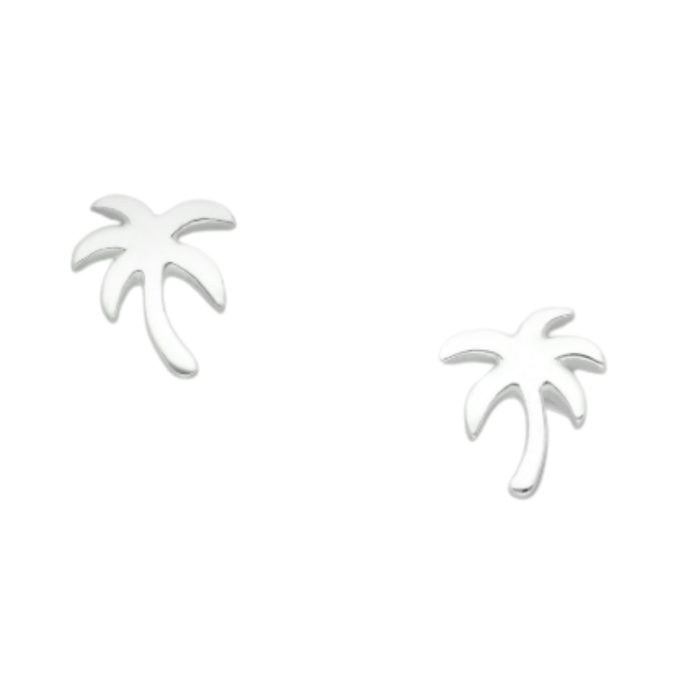 Close-up of sterling silver coconut tree stud earrings on white background – 925 silver tropical palm design, minimalist coastal jewelry by Travel & Tide.