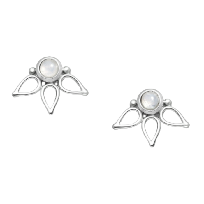 Pair of 925 sterling silver push-back earrings featuring bezel-set rainbow moonstones on white background – boho-chic gemstone jewelry by Travel & Tide.