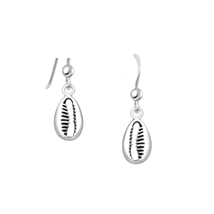 Pair of 925 sterling silver oxidized shell hook earrings on white background – coastal beach-inspired silver jewelry by Travel & Tide.
