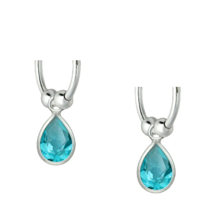 Pair of 925 sterling silver droplet hoop earrings decorated with sky blue CZ simulated diamonds on white background – elegant coastal-inspired jewelry by Travel & Tide.