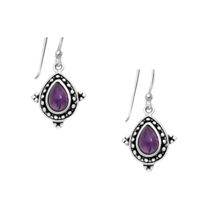 Pair of 925 sterling silver oxidized droplet hook earrings featuring bezel-set amethyst gemstones on white background – boho coastal jewelry by Travel & Tide.