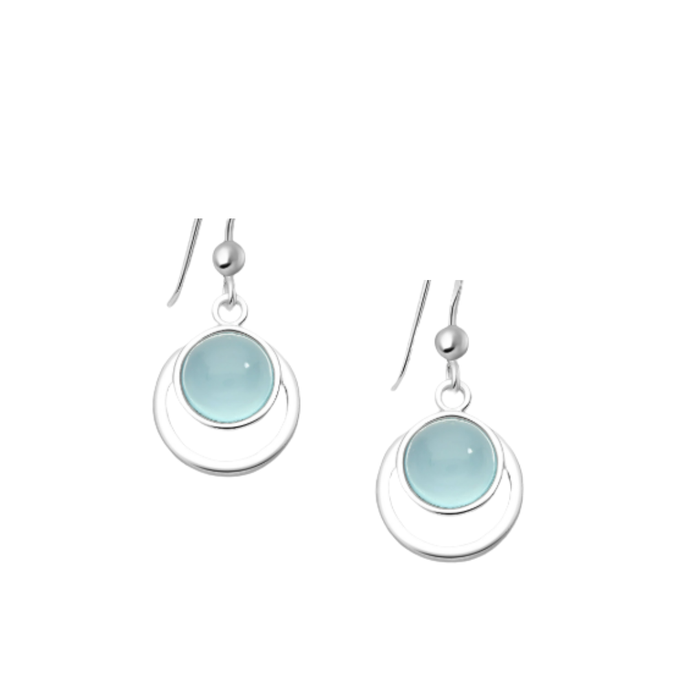 Pair of 925 sterling silver hook earrings featuring bezel-set light sky-blue chalcedony on white background – coastal boho jewelry by Travel & Tide.