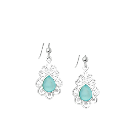 Pair of 925 sterling silver swirl hook earrings with bezel-set aqua chalcedony on white background – coastal boho jewelry by Travel & Tide.