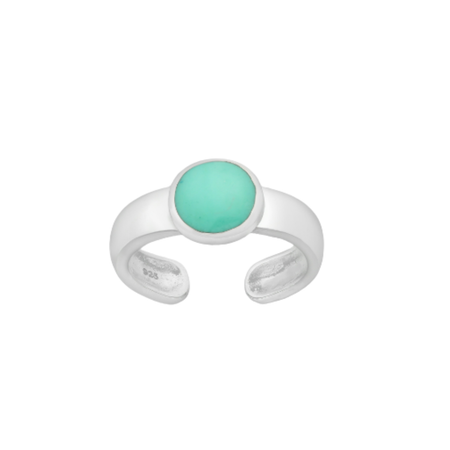 Adjustable 925 sterling silver toe ring with reconstructed turquoise inlay on white background – boho coastal jewelry by Travel & Tide.