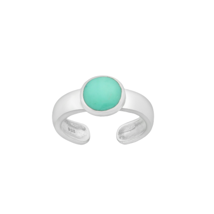 Adjustable 925 sterling silver toe ring with reconstructed turquoise inlay on white background – boho coastal jewelry by Travel & Tide.