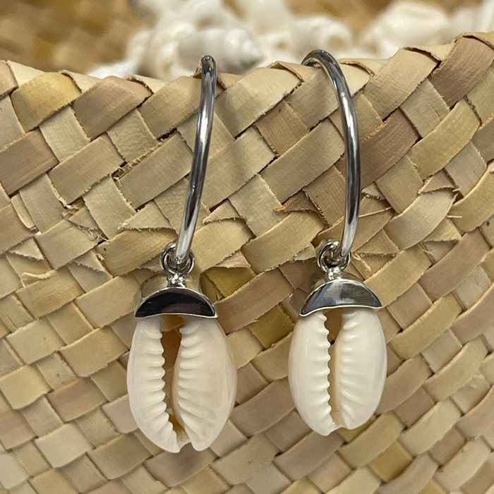 Cowrie Shell Silver Hoop Earrings