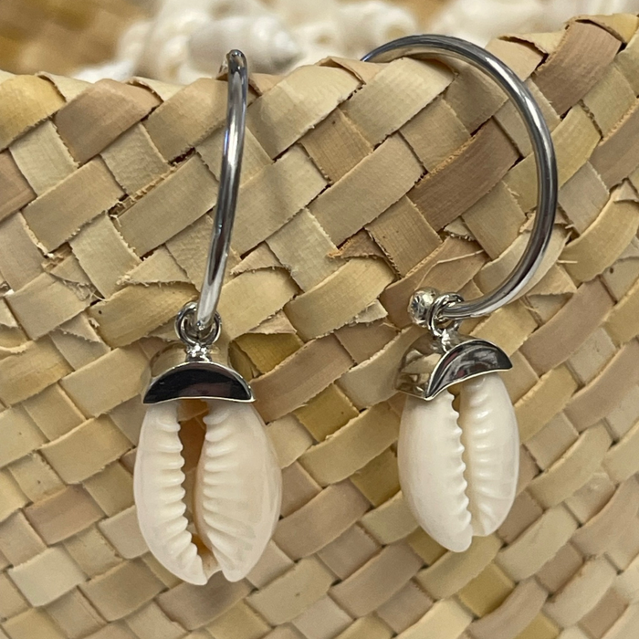 Cowrie Shell Silver Hoop Earrings